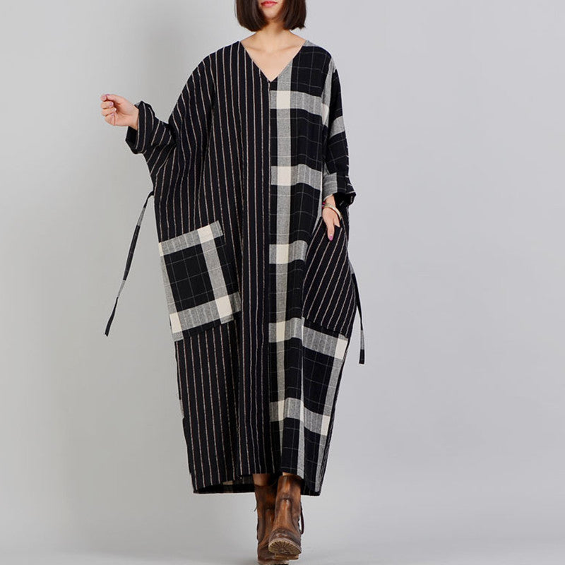 Fine Black Plaid V Neck Patchwork Gown Fine Pockets Batwing Sleeve Long Dresses
