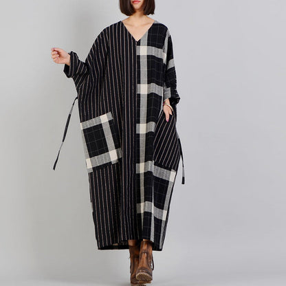 Fine Black Plaid V Neck Patchwork Gown Fine Pockets Batwing Sleeve Long Dresses