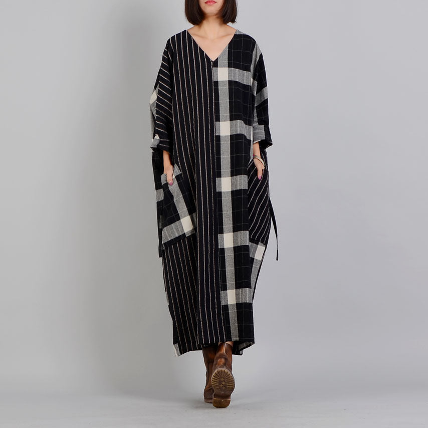 Fine Black Plaid V Neck Patchwork Gown Fine Pockets Batwing Sleeve Long Dresses