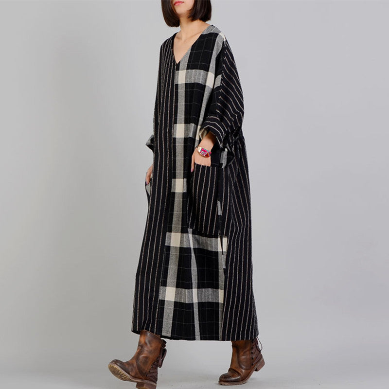 Fine Black Plaid V Neck Patchwork Gown Fine Pockets Batwing Sleeve Long Dresses