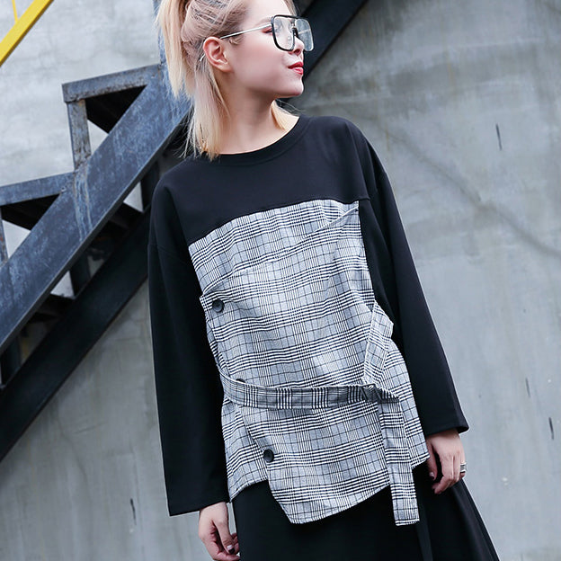 Fine Black Plaid Cotton Tops O Neck Traveling Fine Patchwork Asymmetric Cotton Tops