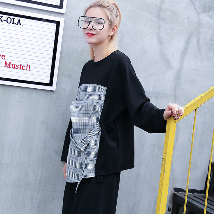 Fine Black Plaid Cotton Tops O Neck Traveling Fine Patchwork Asymmetric Cotton Tops