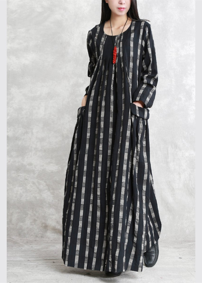 Fine Black Plaid Natural Linen Dress O Neck Patchwork Linen Maxi Dress Long Sleeve Pockets Dresses