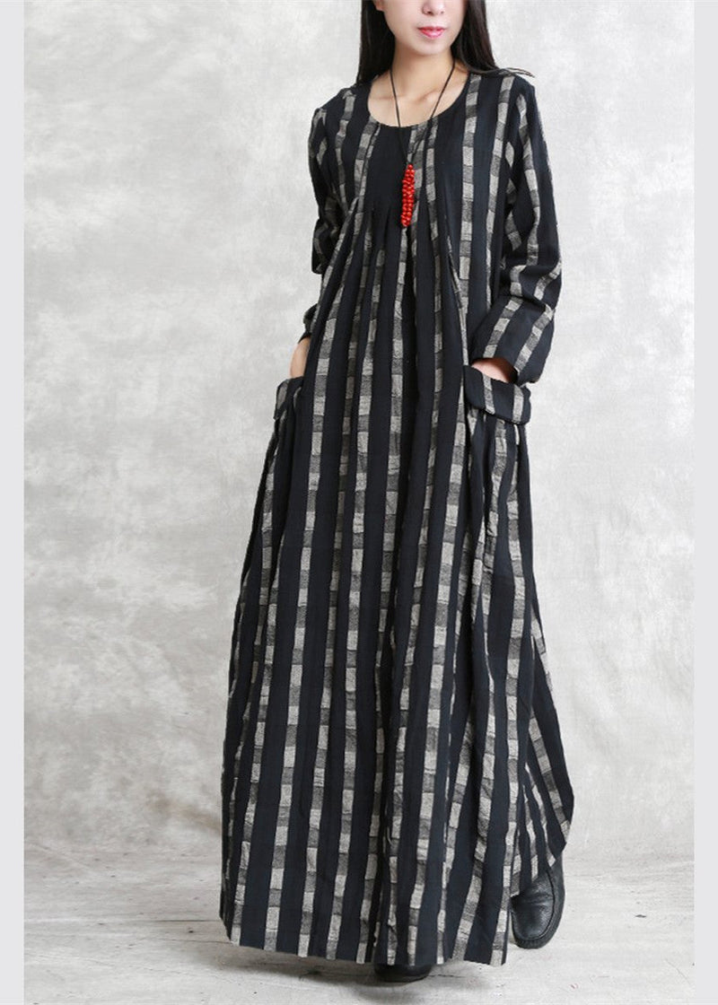 Fine Black Plaid Natural Linen Dress O Neck Patchwork Linen Maxi Dress Long Sleeve Pockets Dresses