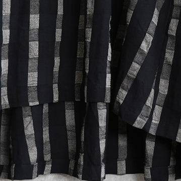 Fine Black Plaid Natural Linen Dress O Neck Patchwork Linen Maxi Dress Long Sleeve Pockets Dresses