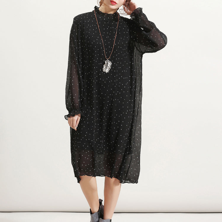 Fine Black Chiffon Sundress Stand Long Sleeve Prom Dress Cinched Tulle Dress