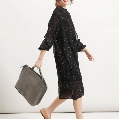 Fine Black Chiffon Sundress Stand Long Sleeve Prom Dress Cinched Tulle Dress