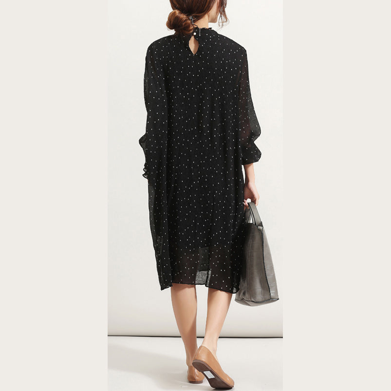 Fine Black Chiffon Sundress Stand Long Sleeve Prom Dress Cinched Tulle Dress