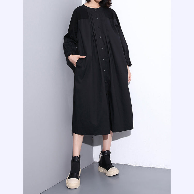 Fine Black Coats Stand Collar Pockets Patchwork Baggy Coat