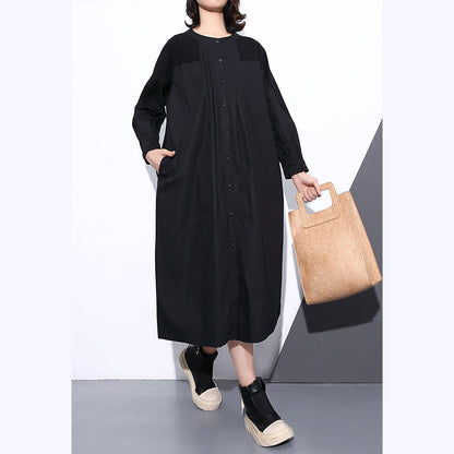 Fine Black Coats Stand Collar Pockets Patchwork Baggy Coat