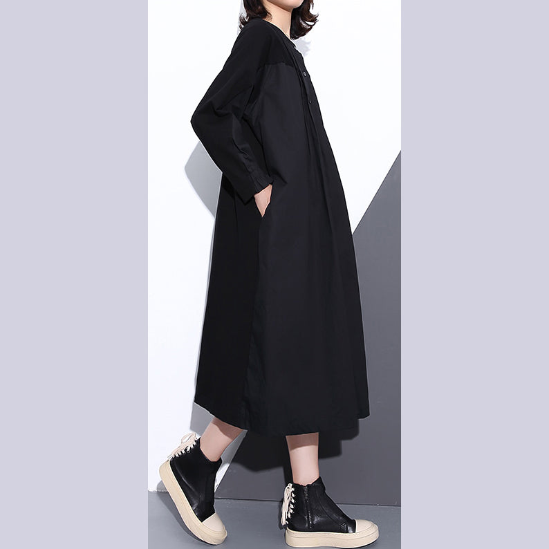 Fine Black Coats Stand Collar Pockets Patchwork Baggy Coat