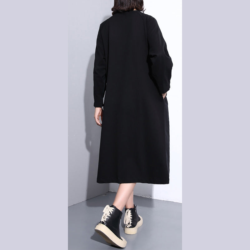 Fine Black Coats Stand Collar Pockets Patchwork Baggy Coat