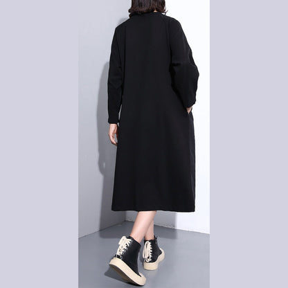 Fine Black Coats Stand Collar Pockets Patchwork Baggy Coat