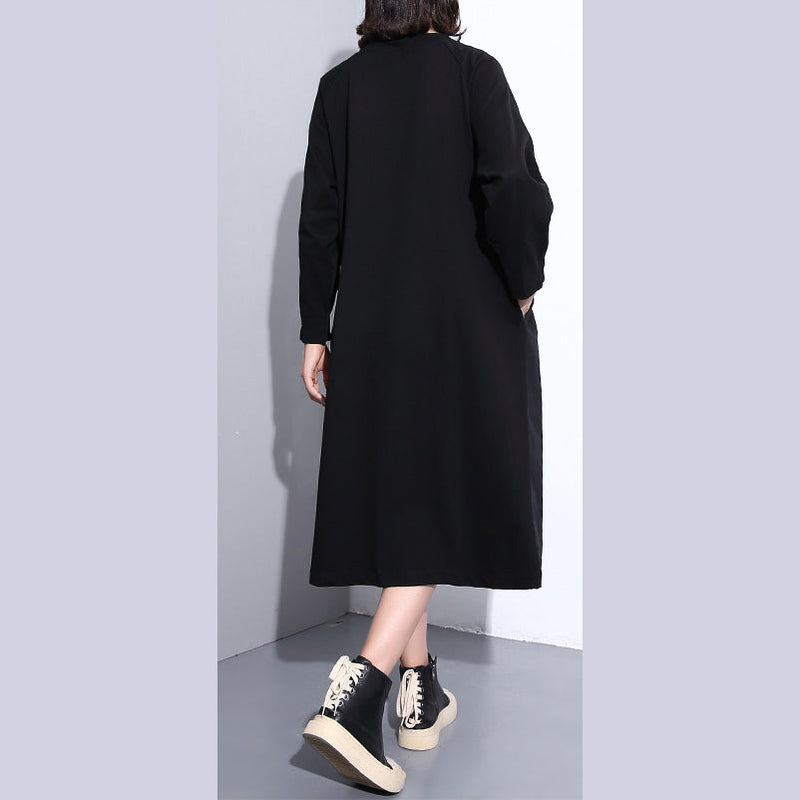 Fine Black Coats Stand Collar Pockets Patchwork Baggy Coat