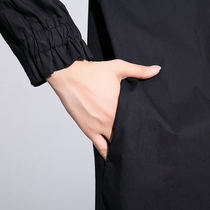 Fine Black Coats Stand Collar Pockets Patchwork Baggy Coat