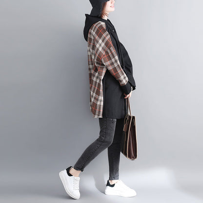 Fine Black Cotton Coat for Woman Plussize Hooded Medium Length Jackets Patchwork Jacket