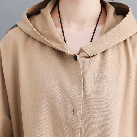 Fine Black Cotton Coat for Woman Plussize Hooded Medium Length Jackets Patchwork Jacket