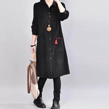 Fine Black Cotton Tops Plussize Cotton Cotton T Shirt New Lapel Collar Big Pockets Cotton Clothing Tops