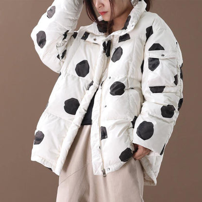 Black Dotted Duck Down Coat Down Jacket Stand Collar Zippered Coats