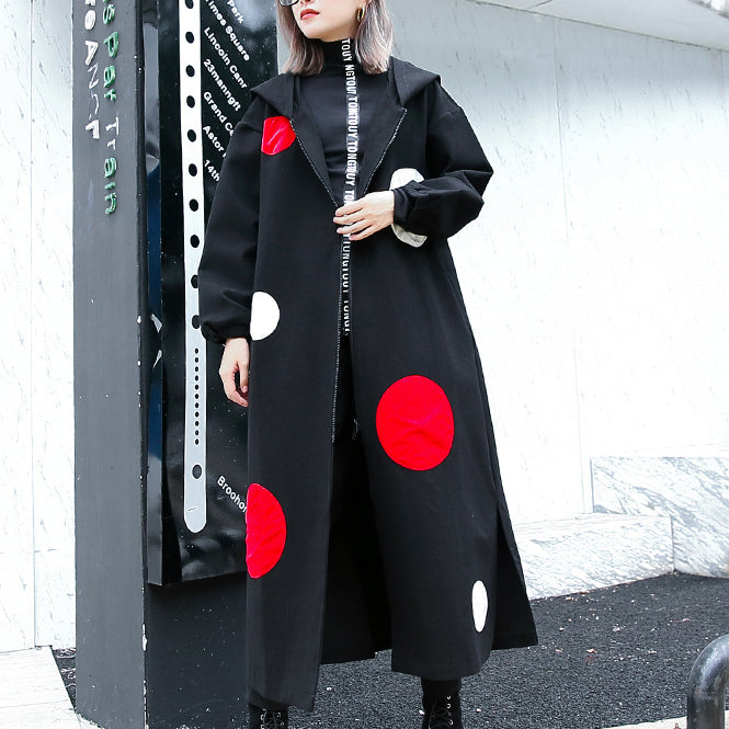 Fine Black Dotted Long Coat Hooded Maxi Coat Side Open Baggy Coats