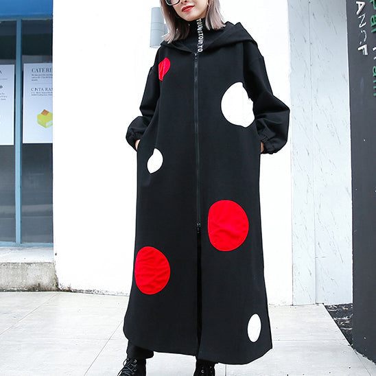 Fine Black Dotted Long Coat Hooded Maxi Coat Side Open Baggy Coats