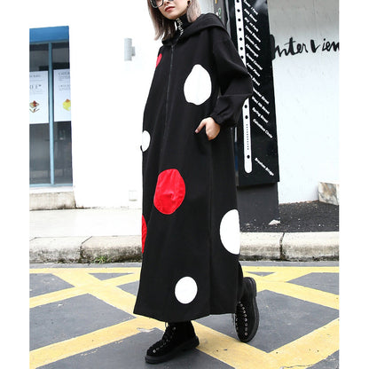 Fine Black Dotted Long Coat Hooded Maxi Coat Side Open Baggy Coats