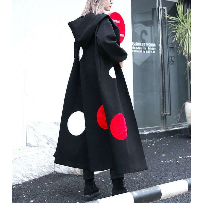 Fine Black Dotted Long Coat Hooded Maxi Coat Side Open Baggy Coats