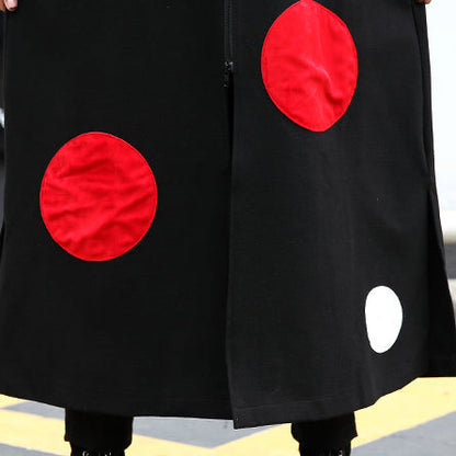 Fine Black Dotted Long Coat Hooded Maxi Coat Side Open Baggy Coats