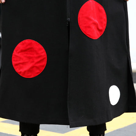 Fine Black Dotted Long Coat Hooded Maxi Coat Side Open Baggy Coats