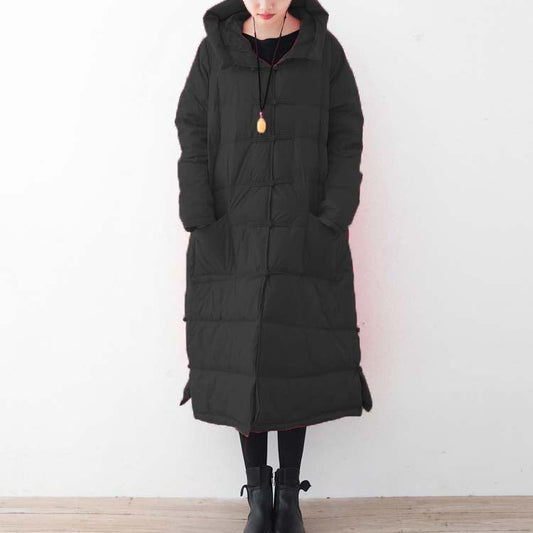Fine Black Down Coat Oversized Puffers Jackets New Chinese Button Coats Hooded