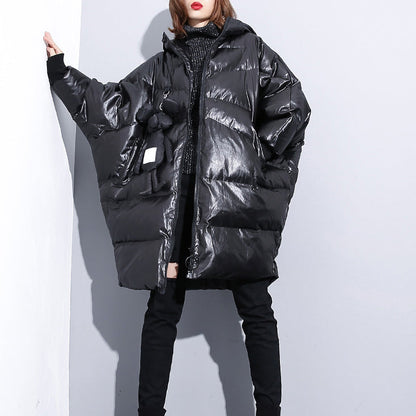 Fine Black Down Jacket Hooded Cotton Coat Zippered Pockets Over Coat