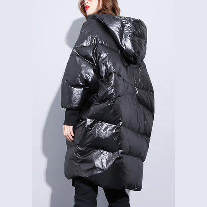 Fine Black Down Jacket Hooded Cotton Coat Zippered Pockets Over Coat
