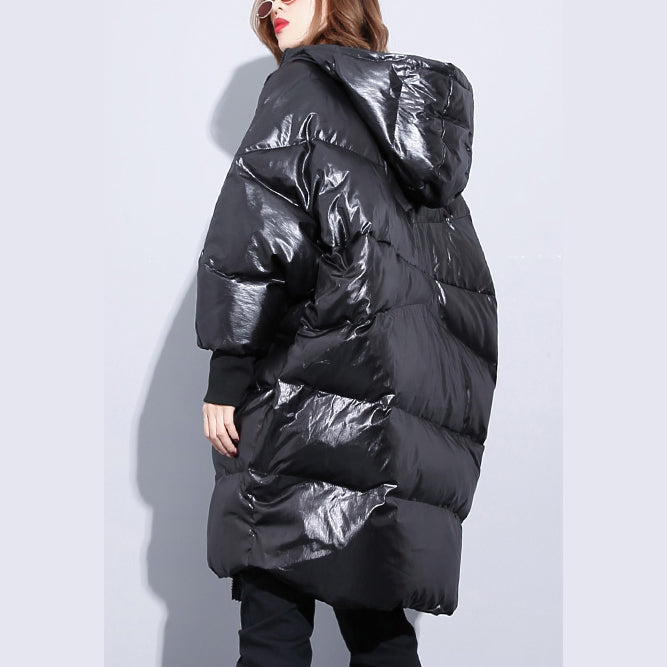 Fine Black Down Jacket Hooded Cotton Coat Zippered Pockets Over Coat