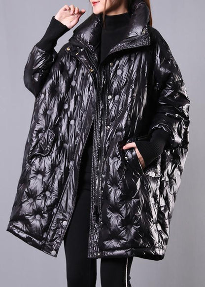 Fine Black Duck Down Coat Stand Collar Winter Jacket Batwing Sleeve New Overcoat