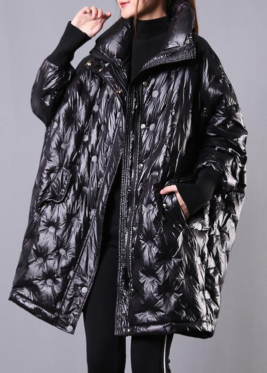 Fine Black Duck Down Coat Stand Collar Winter Jacket Batwing Sleeve New Overcoat