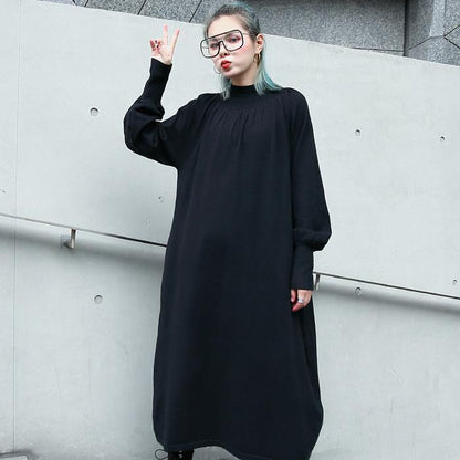 Fine Black Fall Dress Clothing Stand Collar Pockets Baggy Dresses