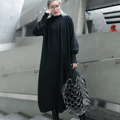 Fine Black Fall Dress Clothing Stand Collar Pockets Baggy Dresses