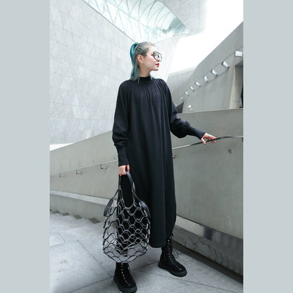 Fine Black Fall Dress Clothing Stand Collar Pockets Baggy Dresses