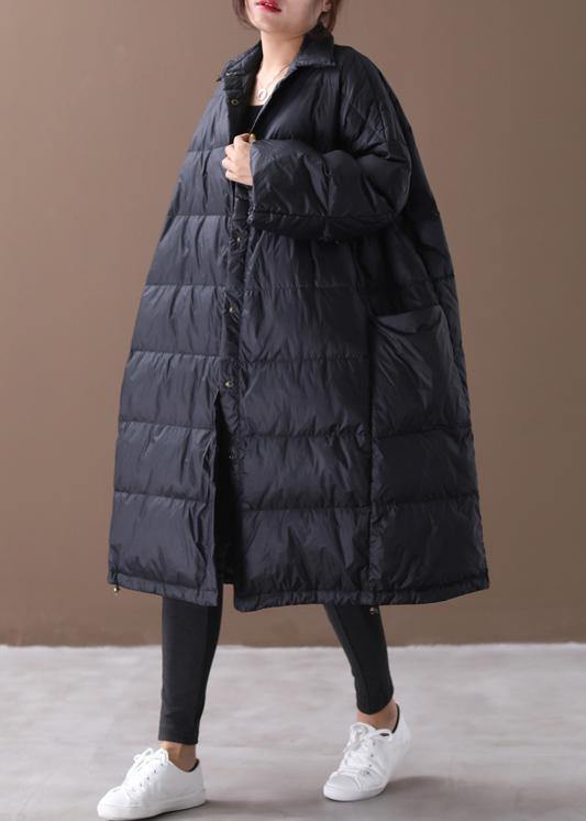 Fine Black Goose Down Coat Winter Jacket Stand Collar Large Pockets Overcoat