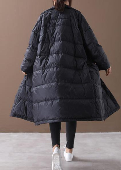 Fine Black Goose Down Coat Winter Jacket Stand Collar Large Pockets Overcoat