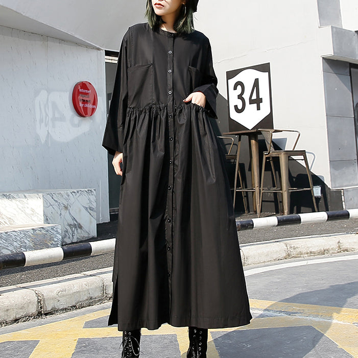 Fine Black Long Cotton Dresses Loose Fitting Stand Collar Cotton Clothing Dress New Elastic Waist Cotton Caftans