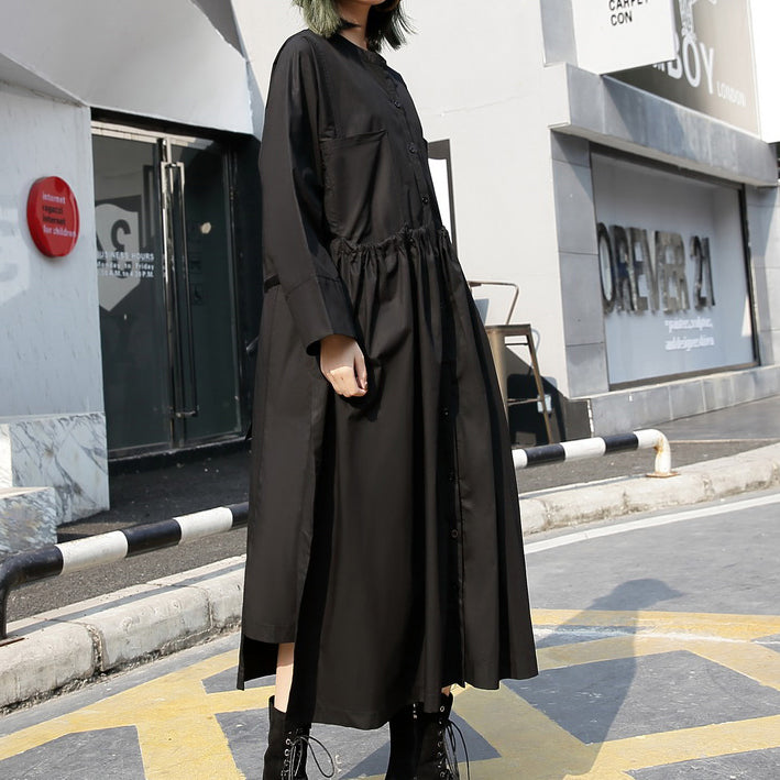 Fine Black Long Cotton Dresses Loose Fitting Stand Collar Cotton Clothing Dress New Elastic Waist Cotton Caftans