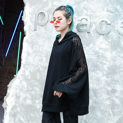 fine black natural cotton blended t shirt oversized hooded clothing tops fine lace patchwork long sleeve tops