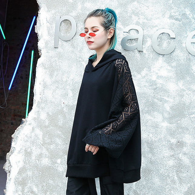 Fine Black Natural Cotton Blended T Shirt Oversized Hooded Clothing Tops Fine Lace Patchwork Long Sleeve Tops