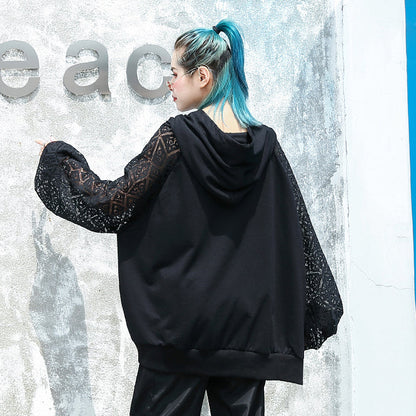fine black natural cotton blended t shirt oversized hooded clothing tops fine lace patchwork long sleeve tops