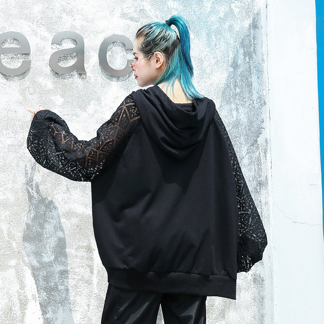 Fine Black Natural Cotton Blended T Shirt Oversized Hooded Clothing Tops Fine Lace Patchwork Long Sleeve Tops