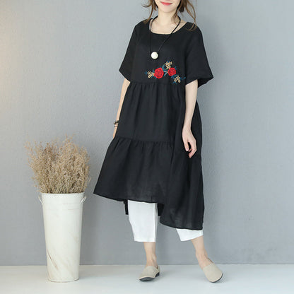 Fine Black Natural Linen Dress Embroidery Linen Clothing Dress Patchwork Kaftans