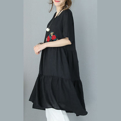 Fine Black Natural Linen Dress Embroidery Linen Clothing Dress Patchwork Kaftans