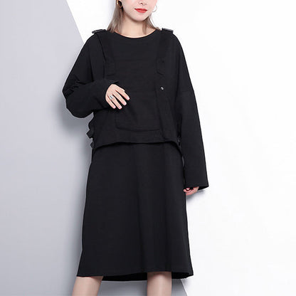 Fine Black Oversize Dress False Two Pieces O Neck Clothing Dresses