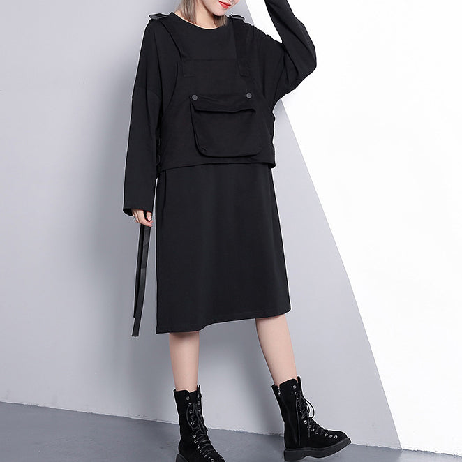 Fine Black Oversize Dress False Two Pieces O Neck Clothing Dresses